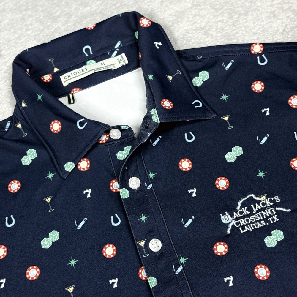 Criquet Polo Mens M Navy Blue Casino Gambling Print Black Jacks Crossing Texas